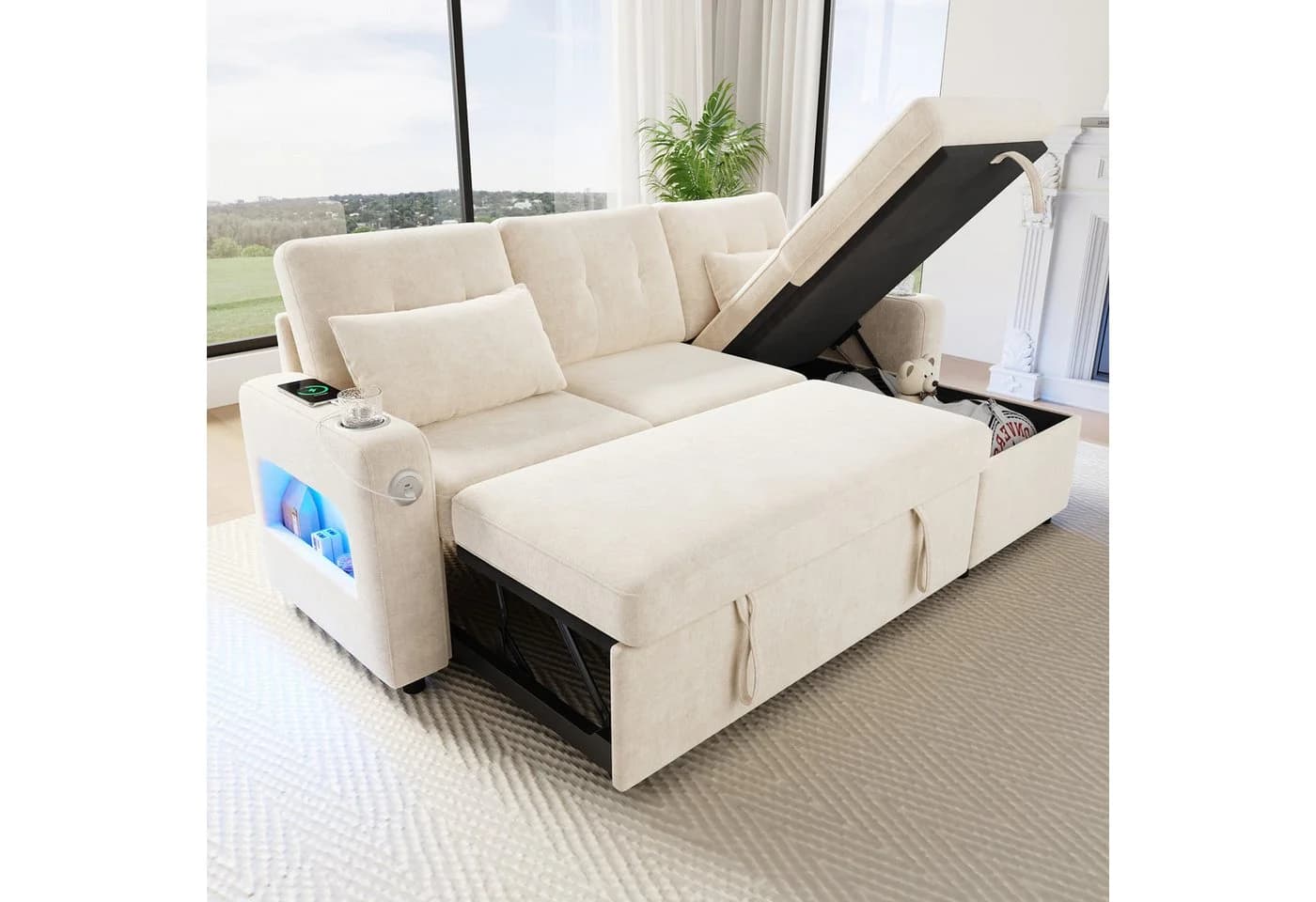 STILVORA Schlafsofa Ecksofa Beige mit Schlaffunktion, USB & LED - Bild 2
