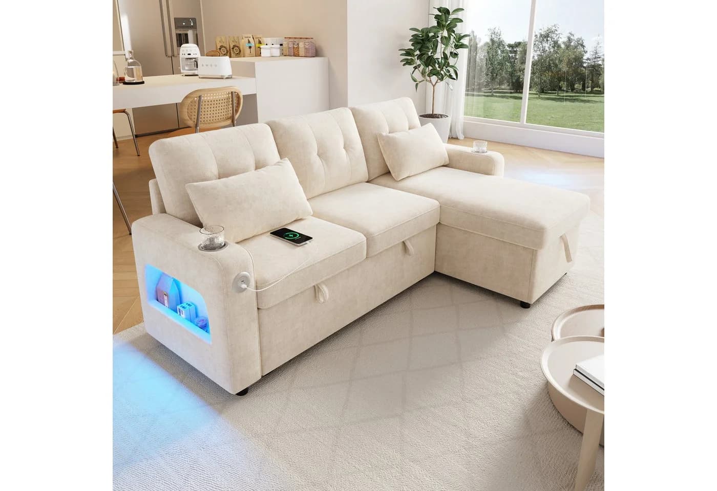 STILVORA Schlafsofa Ecksofa Beige mit Schlaffunktion, USB & LED - Bild 3