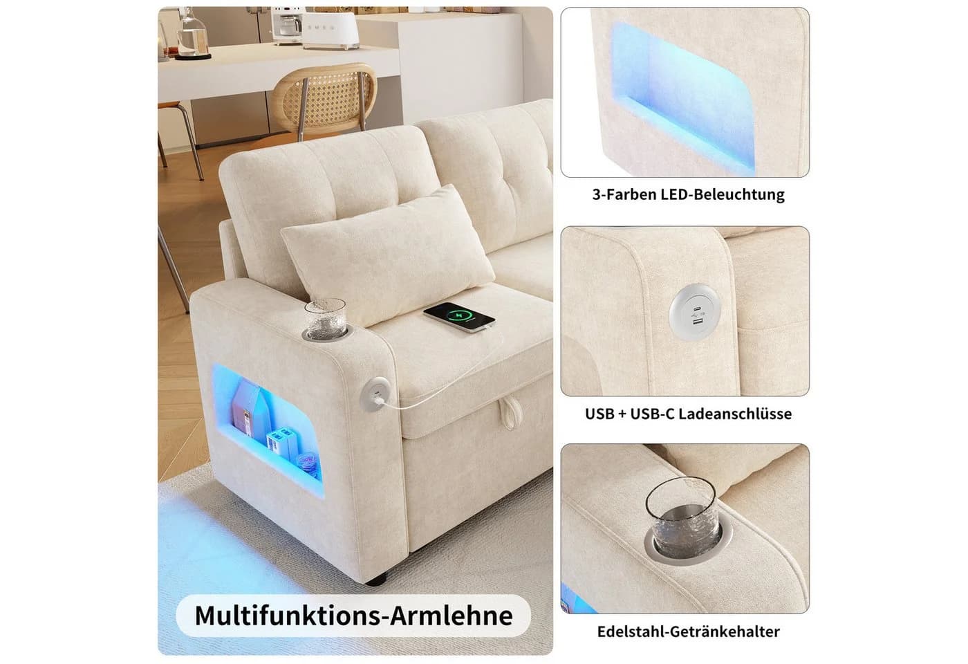 STILVORA Schlafsofa Ecksofa Beige mit Schlaffunktion, USB & LED - Bild 4