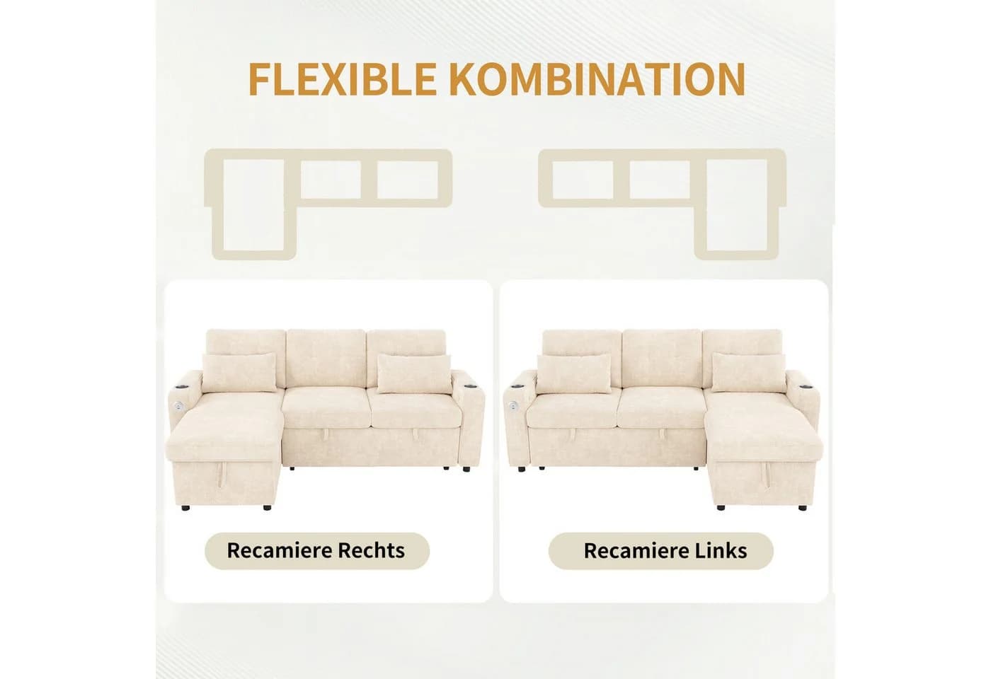 STILVORA Schlafsofa Ecksofa Beige mit Schlaffunktion, USB & LED - Bild 5