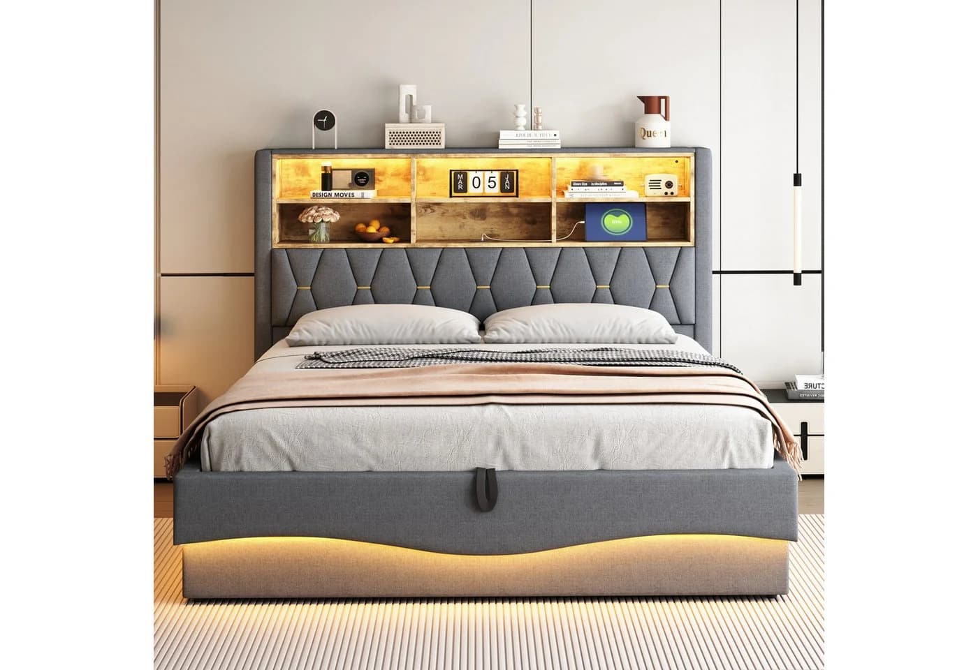 STILVORA Polsterbett 180x200 mit LED, USB & Stauraum Grau
