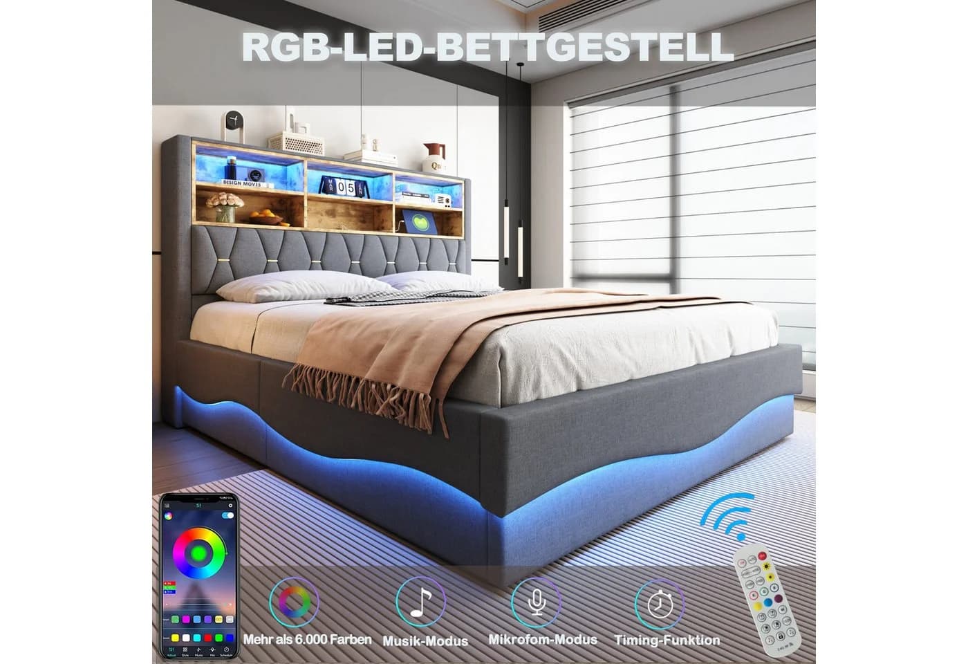 STILVORA Polsterbett 180x200 mit LED, USB & Stauraum Grau - Bild 4
