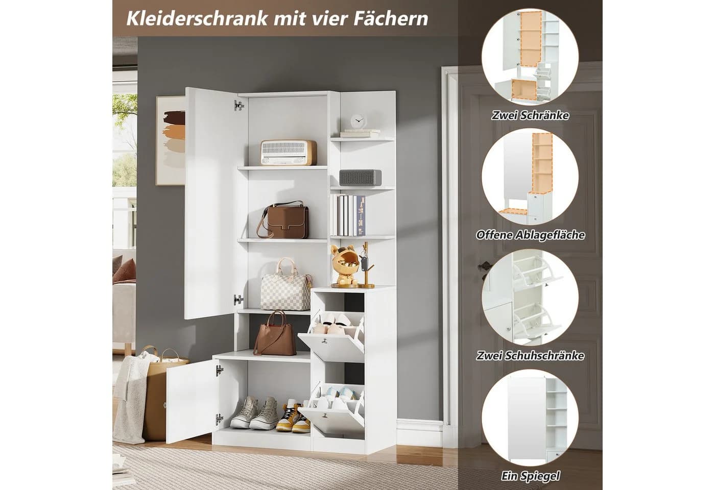 STILVORA Hochschrank mit Spiegel und Schuhschrank Weiß - Bild 5