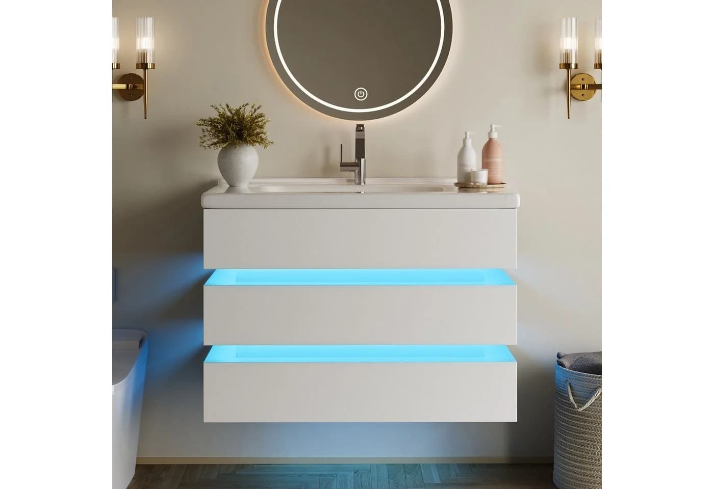 STILVORA Waschbeckenunterschrank mit LED Beleuchtung und Keramikbecken Weiß