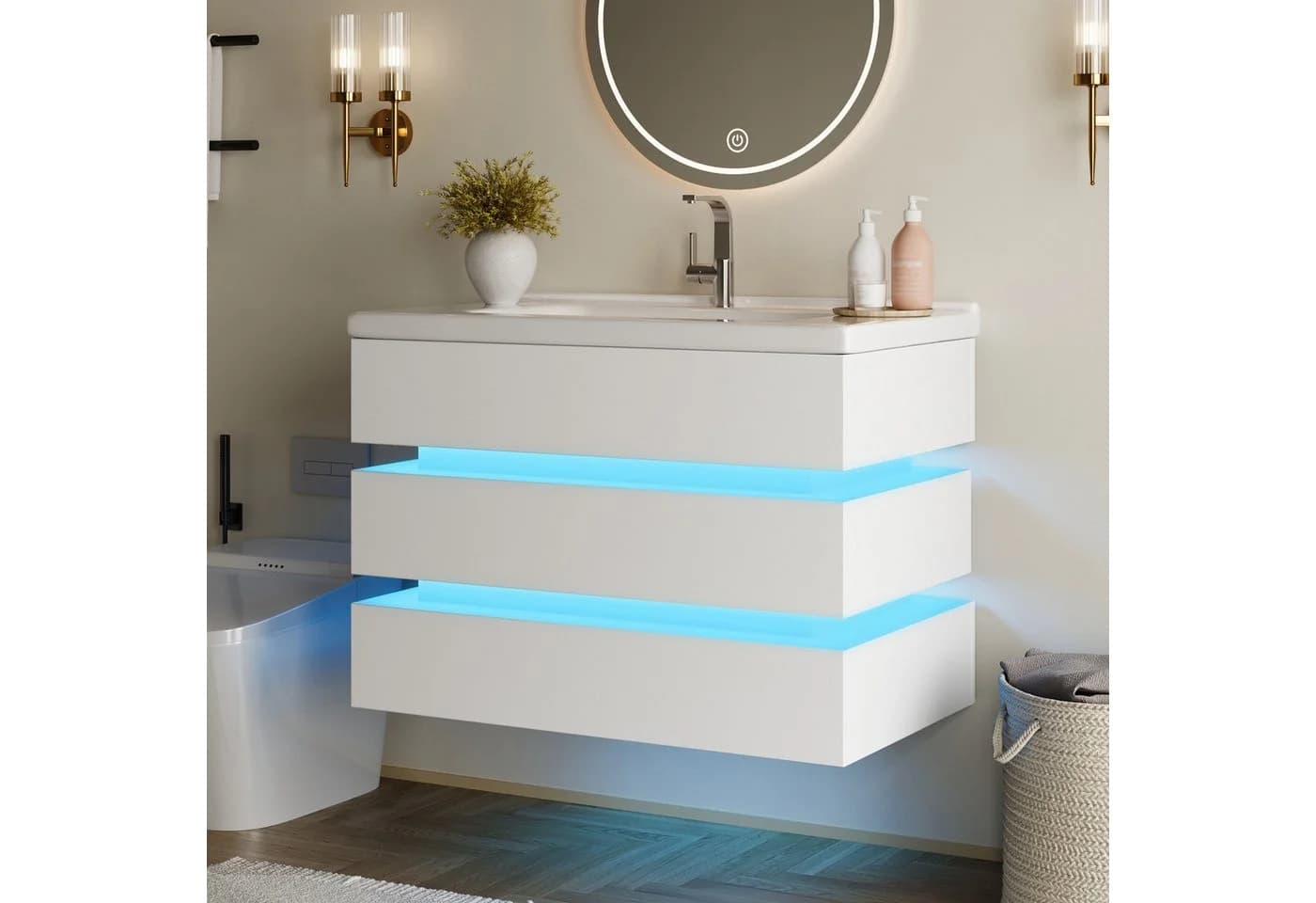 STILVORA Waschbeckenunterschrank mit LED Beleuchtung und Keramikbecken Weiß - Bild 3