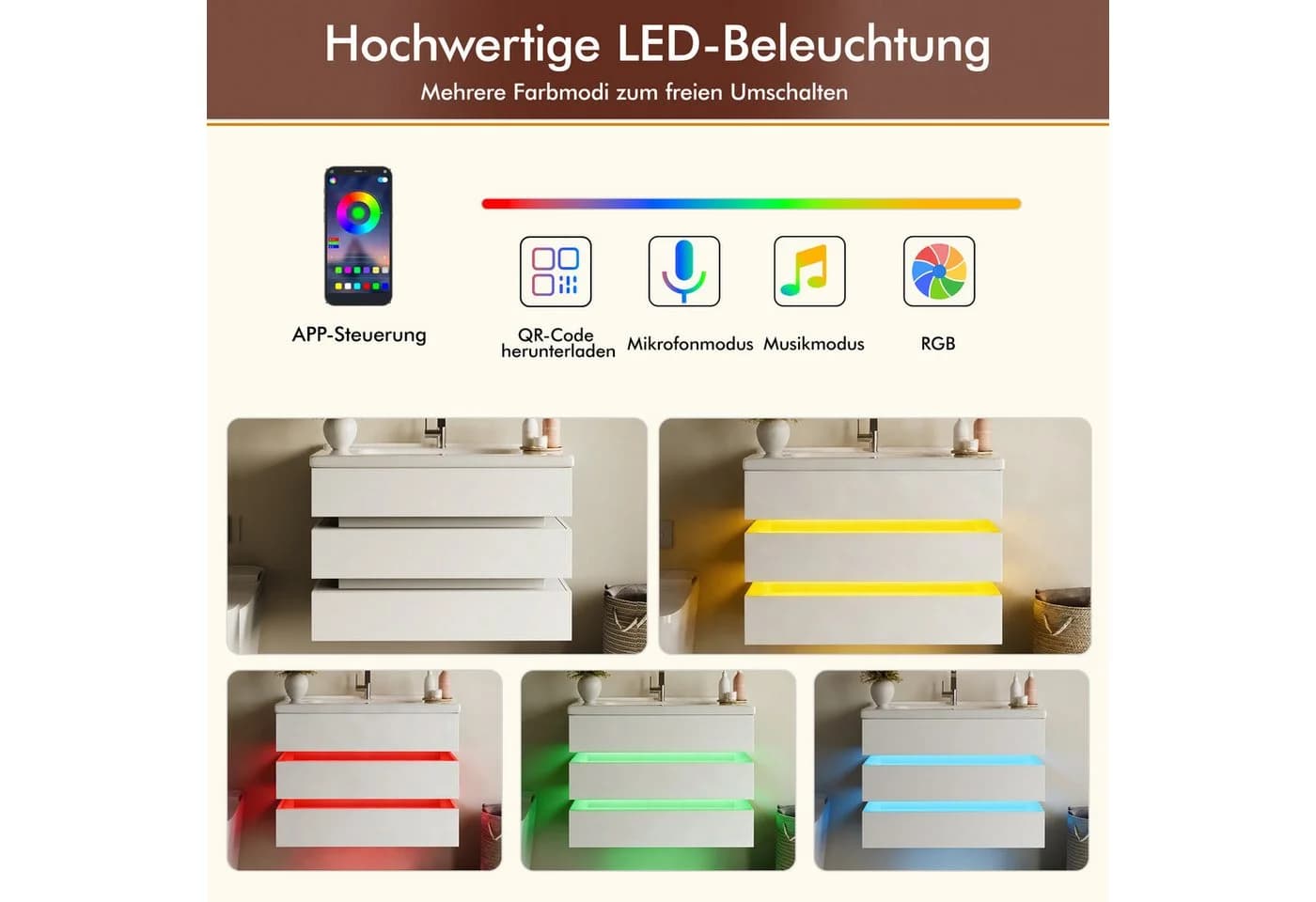 STILVORA Waschbeckenunterschrank mit LED Beleuchtung und Keramikbecken Weiß - Bild 4