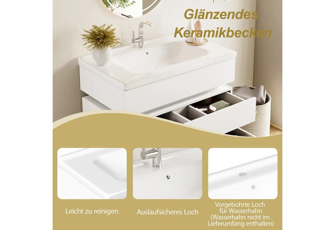 STILVORA Waschbeckenunterschrank mit LED Beleuchtung und Keramikbecken Weiß - Bild 5