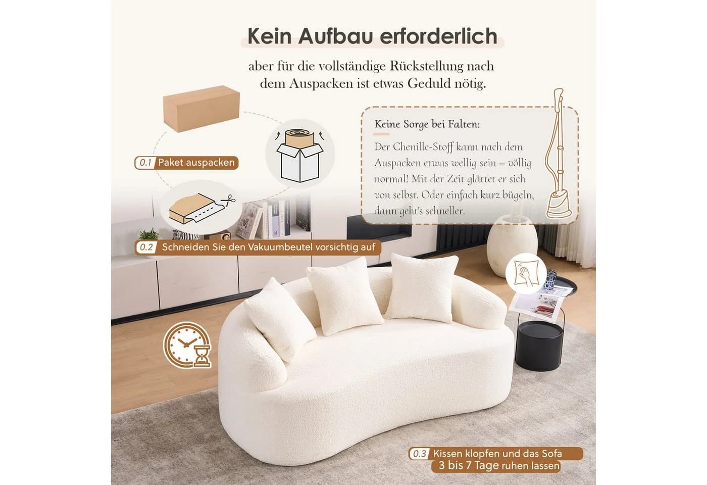 STILVORA Schlafsofa 2 Sitzer Chenille Weiß mit 3 Kissen - Bild 4