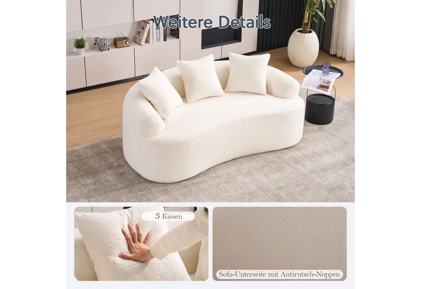 STILVORA Schlafsofa 2 Sitzer Chenille Weiß mit 3 Kissen - Bild 5