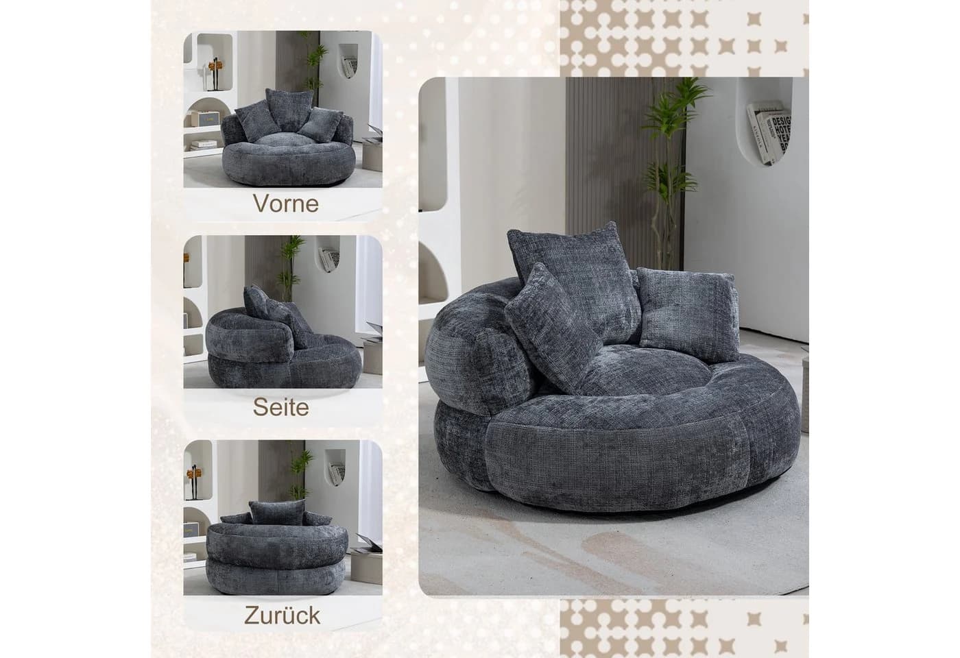 STILVORA Relaxsessel Chenille Grau Ergonomischer Sitzsack - Bild 4