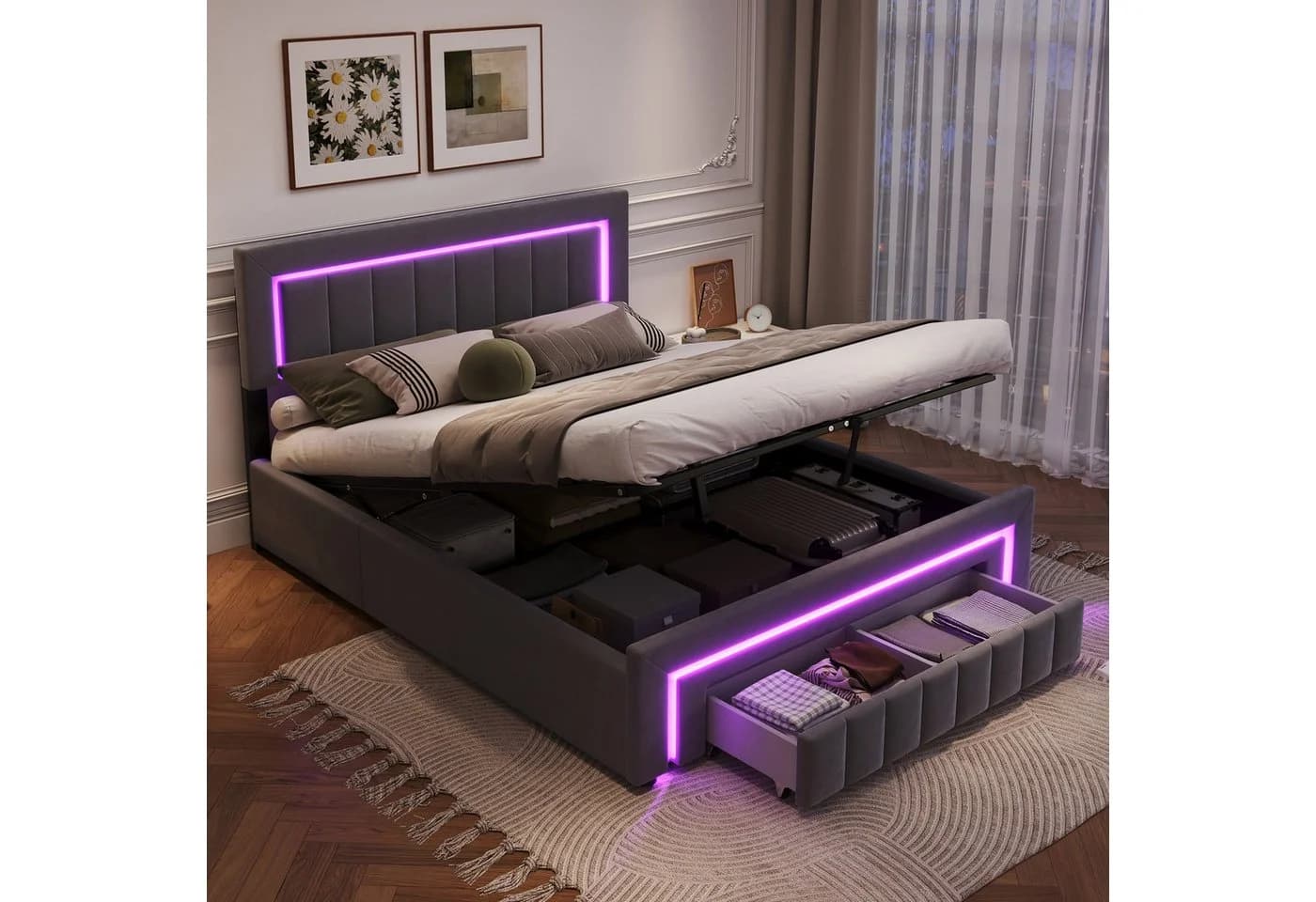 STILVORA Polsterbett 140x190 Samt Grau mit Bettkasten & LED - Bild 2