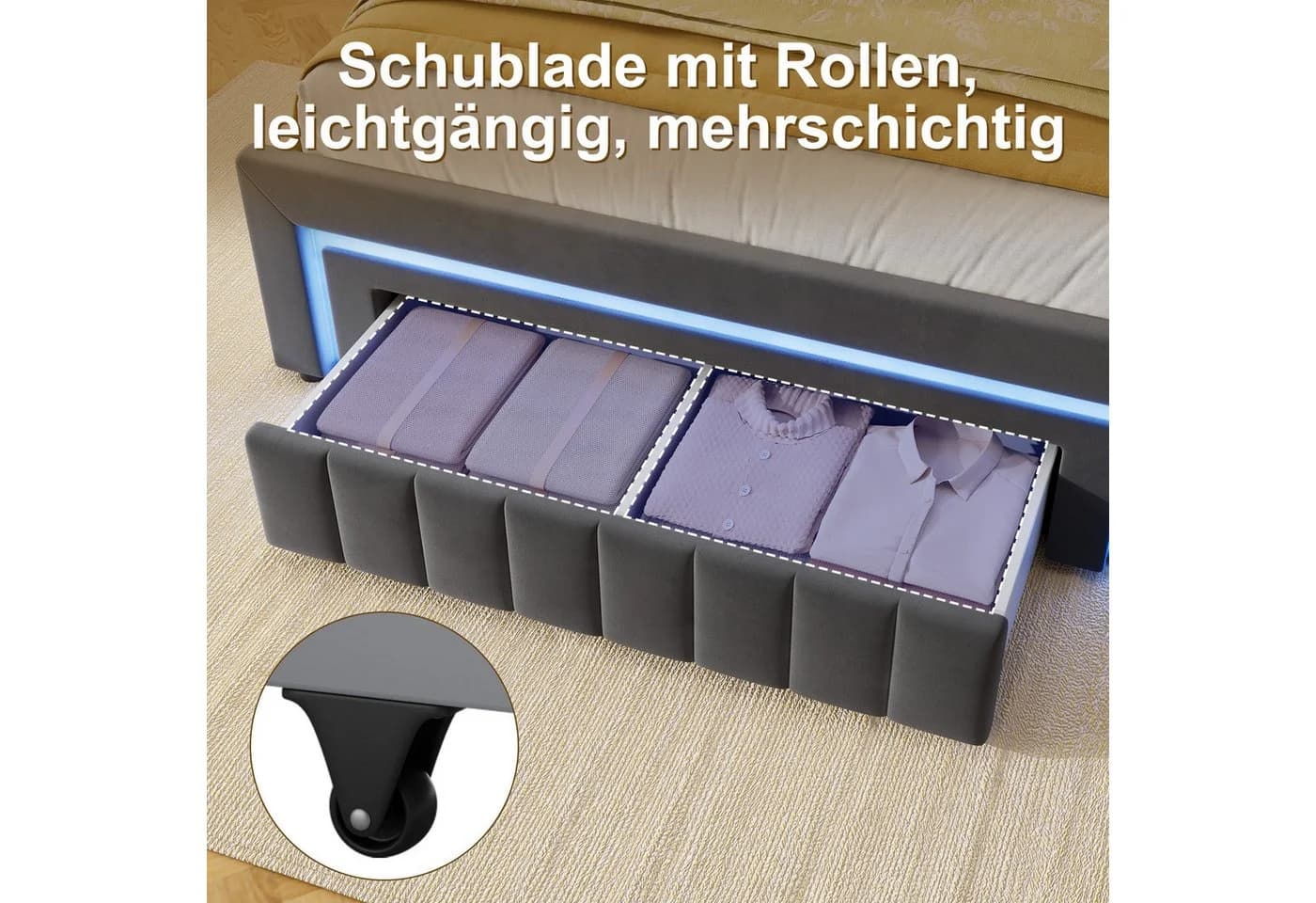 STILVORA Polsterbett 140x190 Samt Grau mit Bettkasten & LED - Bild 5