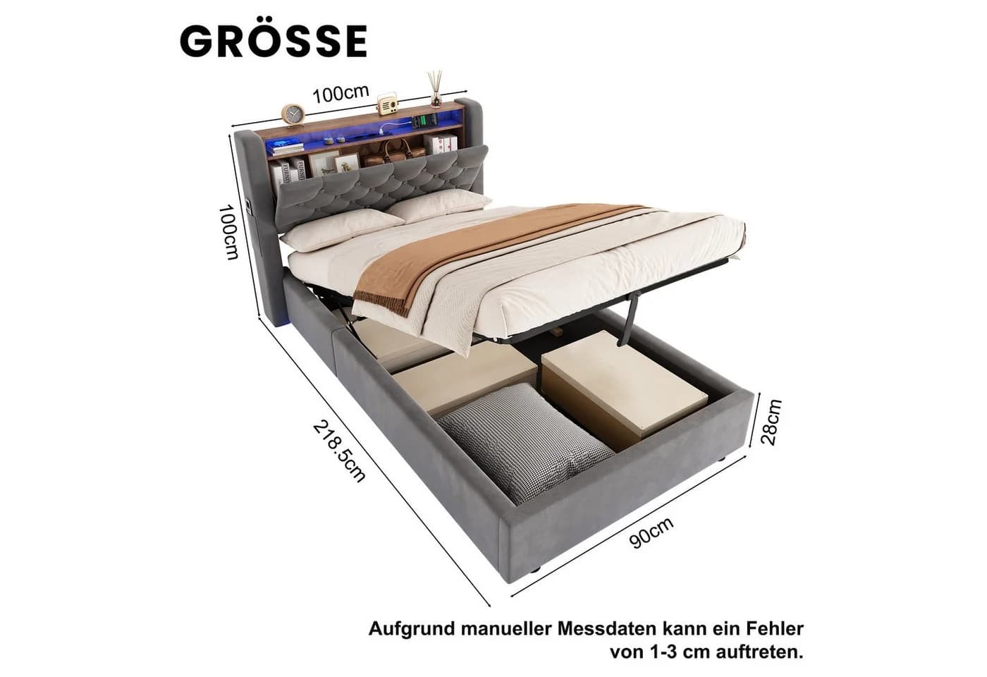 STILVORA Polsterbett 90x200 mit Bettkasten und LED-Beleuchtung Grau Samt - Bild 5
