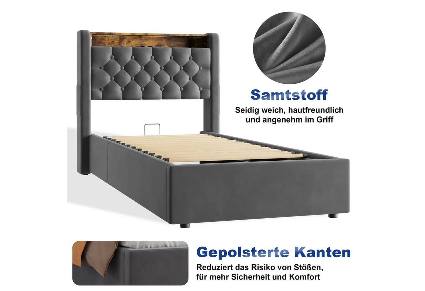 STILVORA Polsterbett 90x200 mit Matratze & Bettkasten Grau Samt - Bild 3