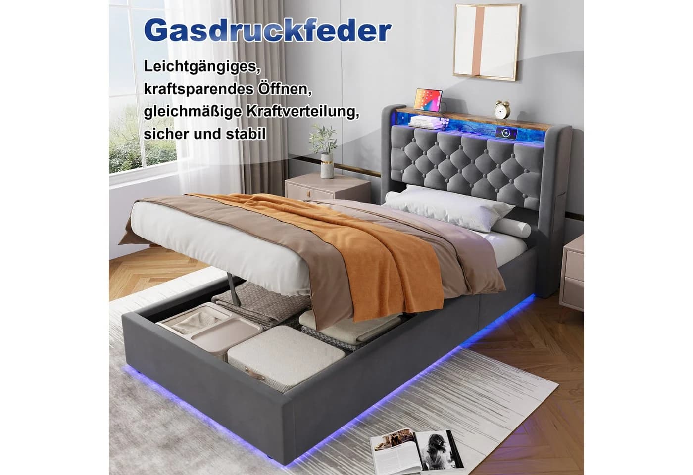 STILVORA Polsterbett 90x200 mit Matratze & Bettkasten Grau Samt - Bild 4