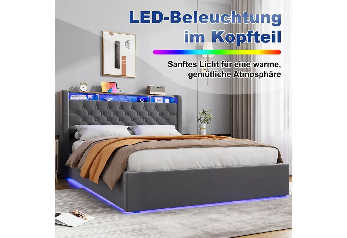 STILVORA Polsterbett 140x200 mit Matratze, Bettkasten & LED - Bild 3