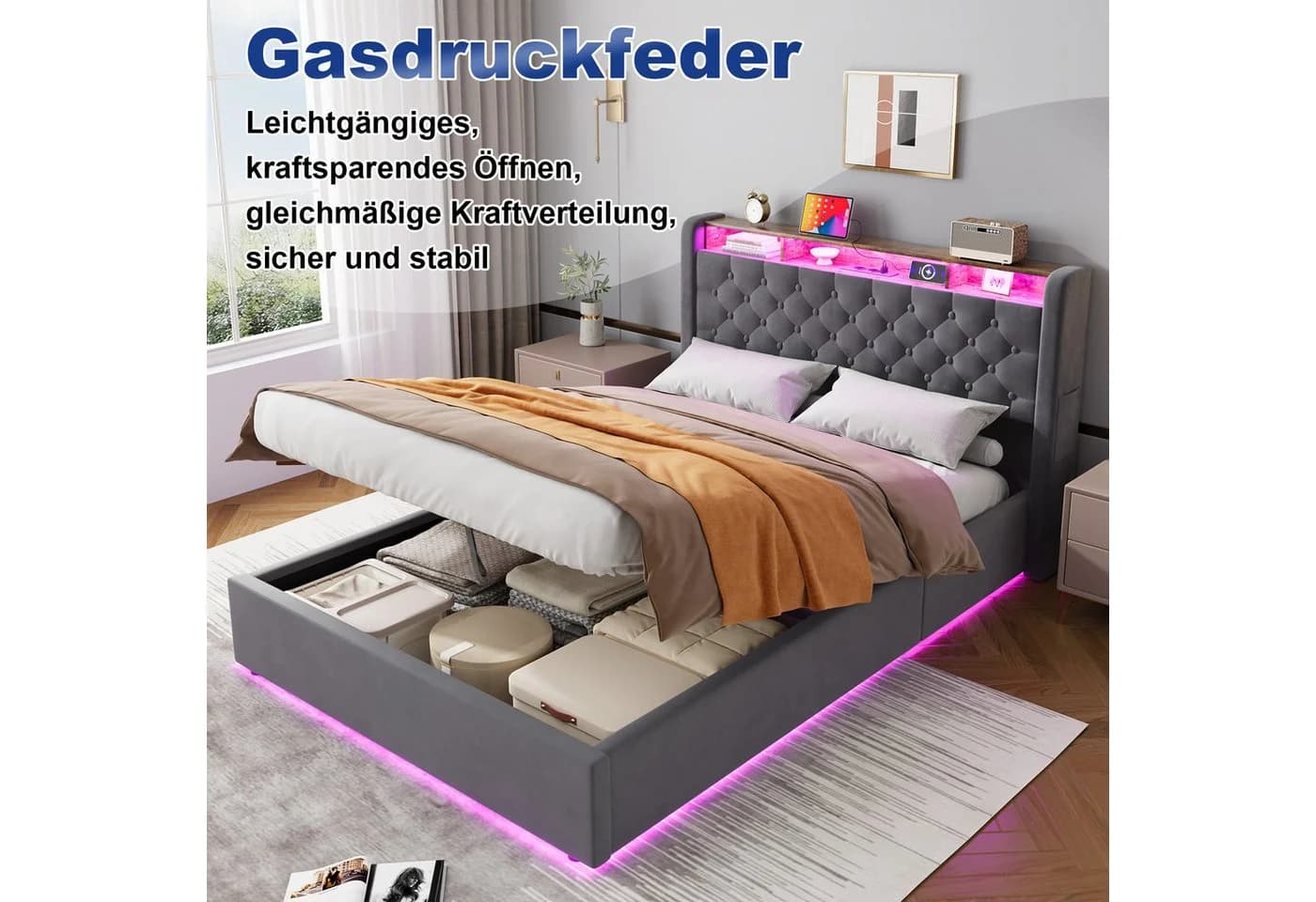 STILVORA Polsterbett 140x200 mit Matratze, Bettkasten & LED - Bild 5