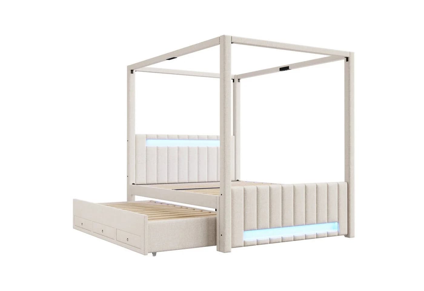 STILVORA Polsterbett 140x200 mit Ausziehbett, Schubladen & LED-Beleuchtung Beige - Bild 5