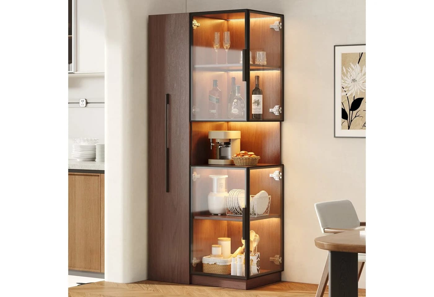 STILVORA Vitrine Glasvitrine Highboard Walnuss LED Ausziehregal - Bild 2