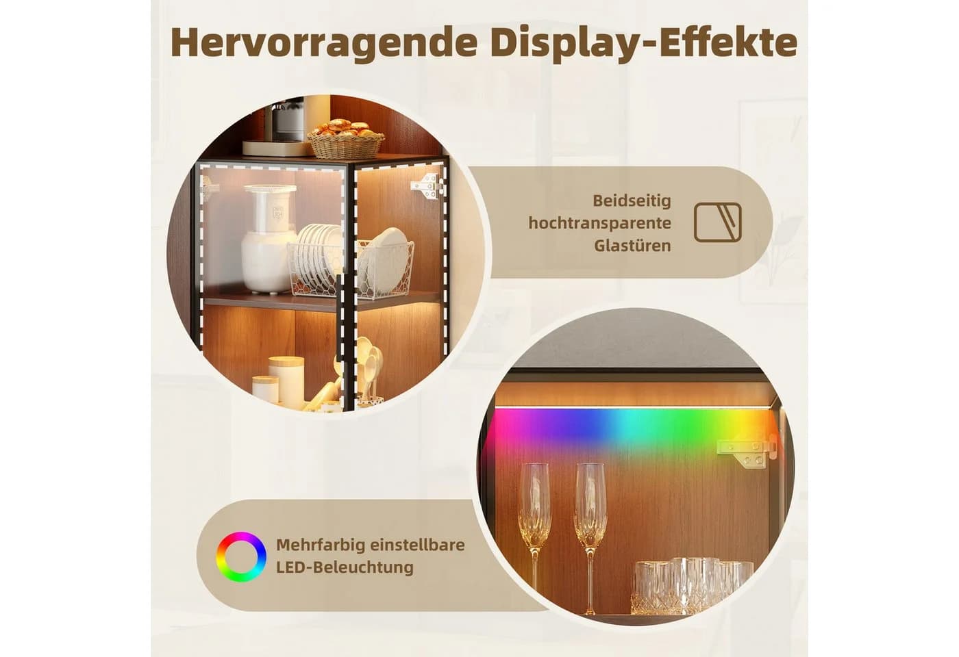 STILVORA Vitrine Glasvitrine Highboard Walnuss LED Ausziehregal - Bild 4