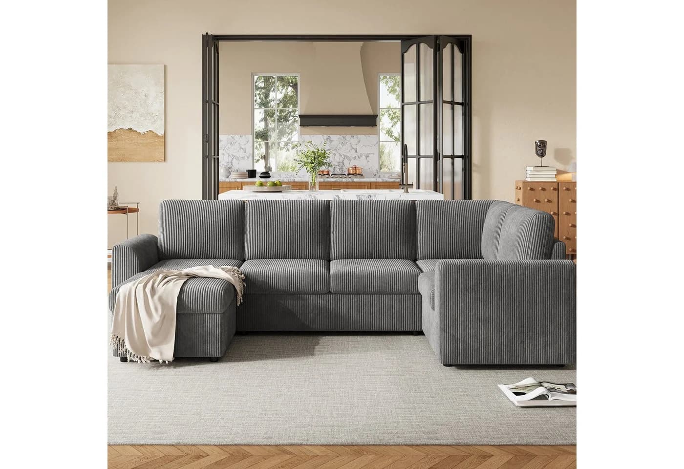 STILVORA Schlafsofa 4-Sitzer L-förmiges Ecksofa mit Fußhocker Grau - Bild 5