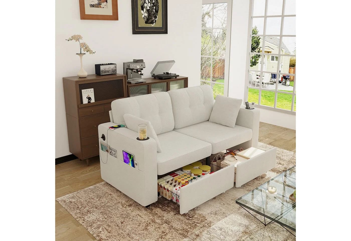 STILVORA Schlafsofa 2-Sitzer Beige Chenille mit USB & Stauraum - Bild 2