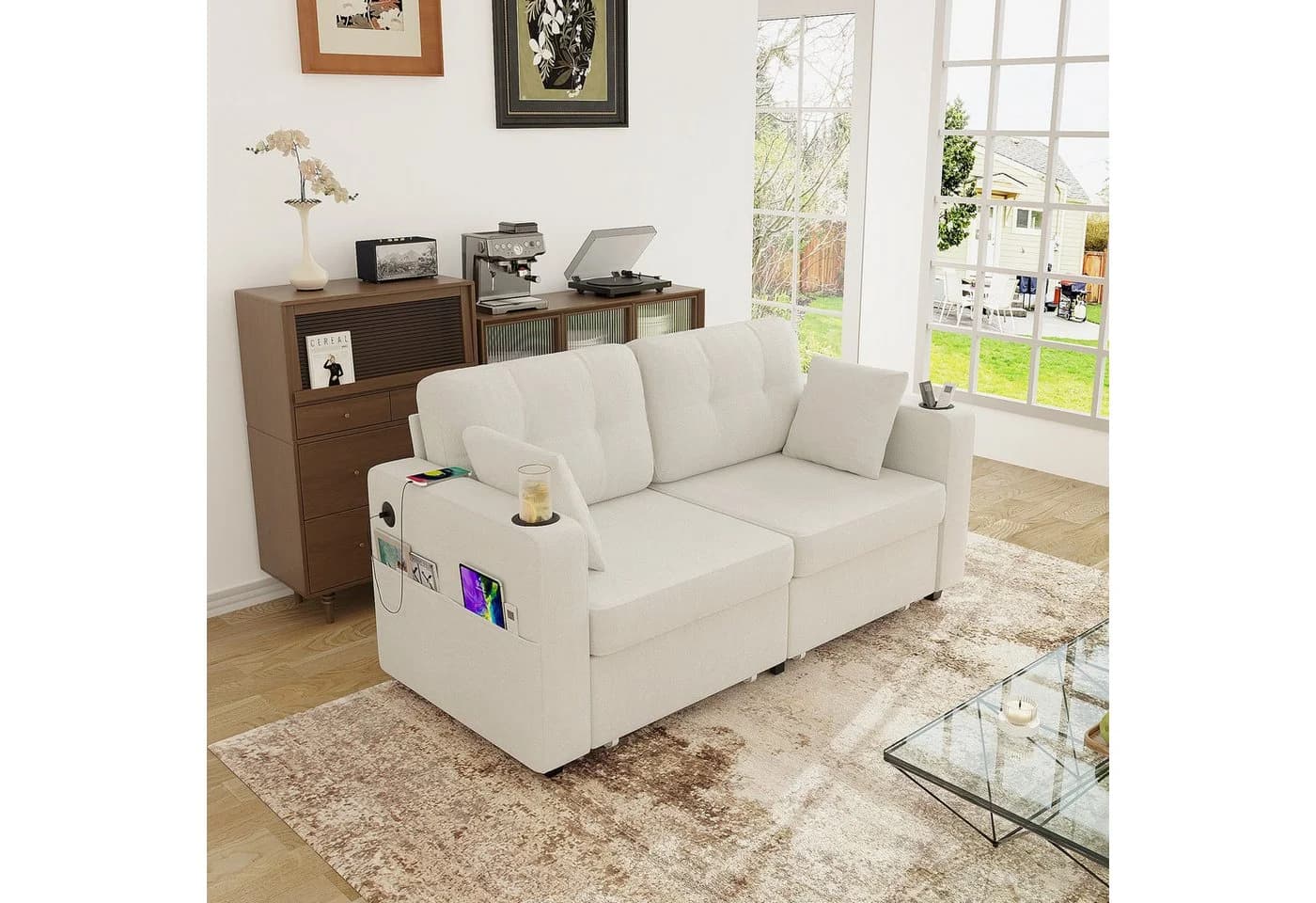STILVORA Schlafsofa 2-Sitzer Beige Chenille mit USB & Stauraum - Bild 3