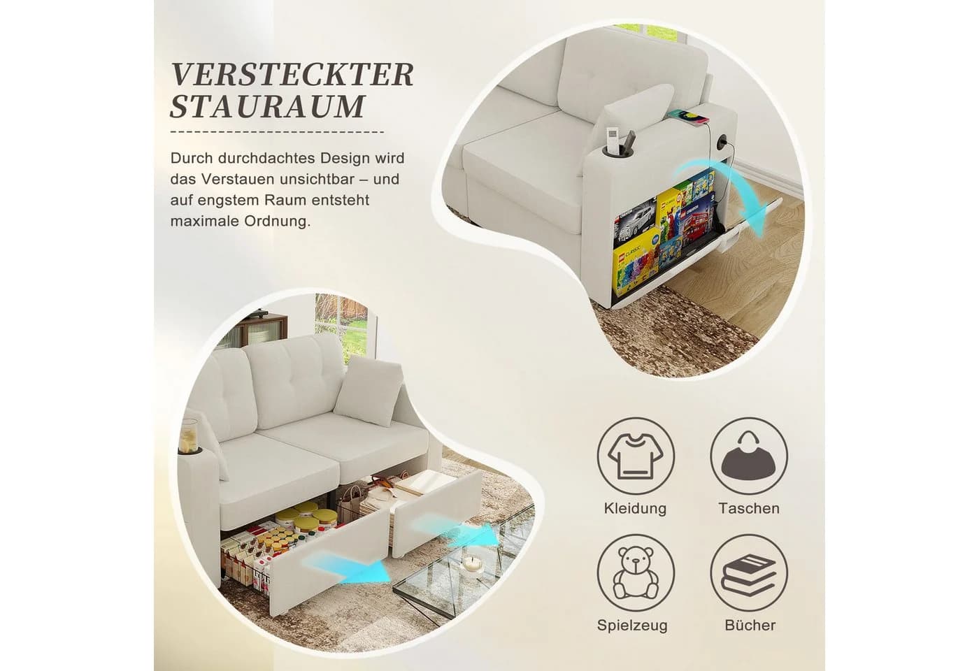 STILVORA Schlafsofa 2-Sitzer Beige Chenille mit USB & Stauraum - Bild 5