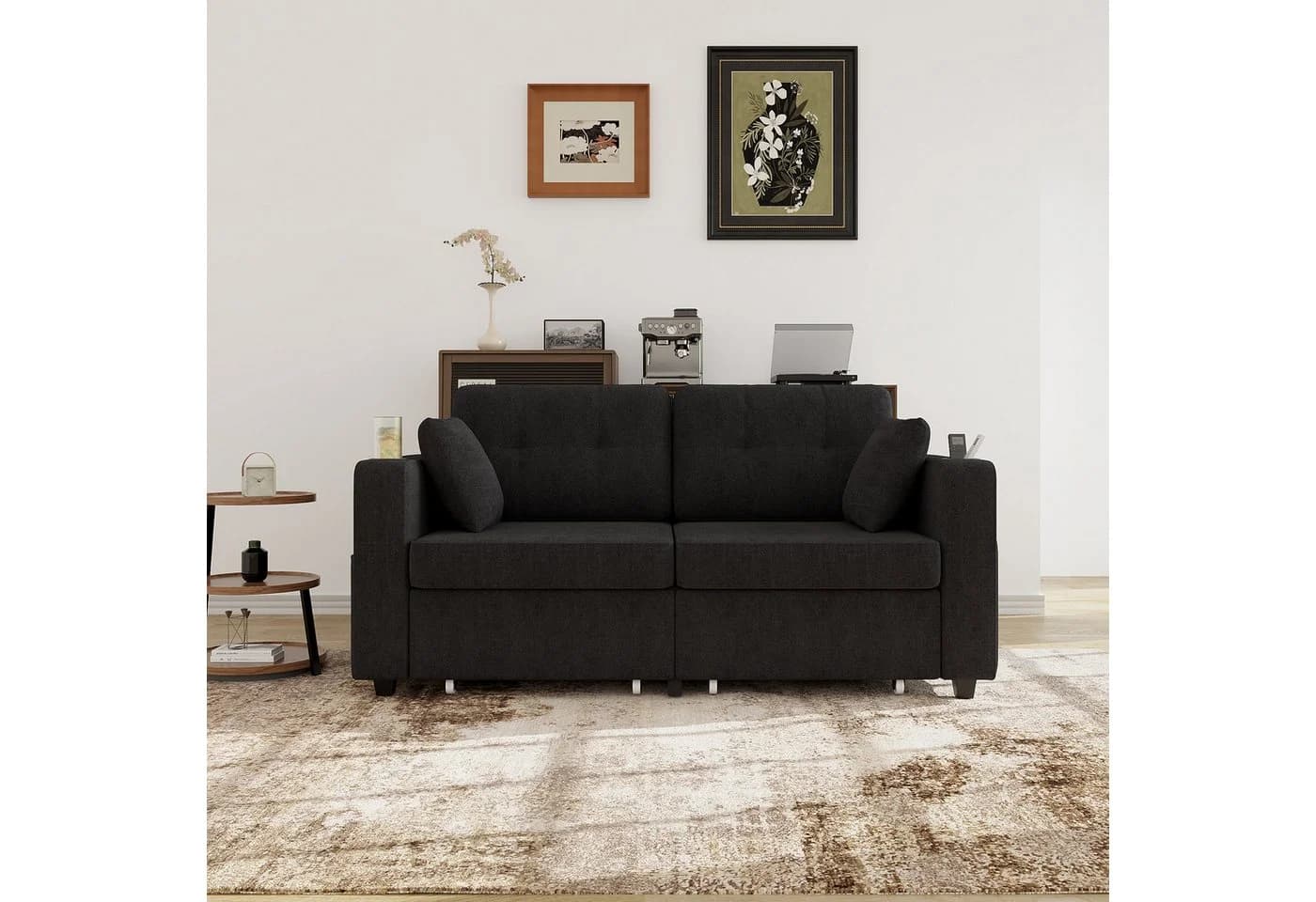 STILVORA Schlafsofa 2-Sitzer Schwarz mit USB-Anschlüssen & Stauraum