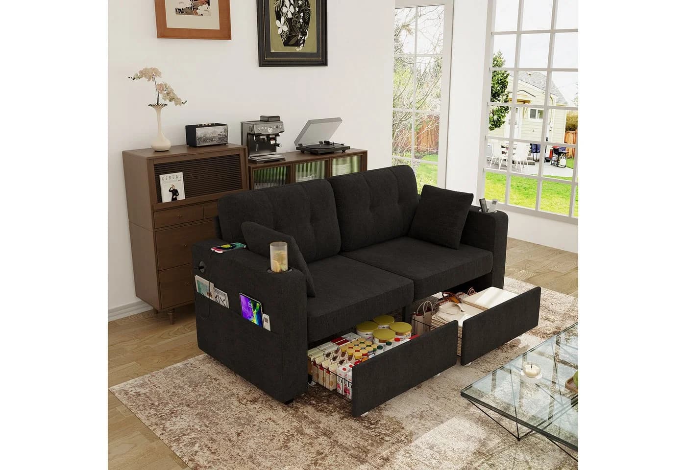STILVORA Schlafsofa 2-Sitzer Schwarz mit USB-Anschlüssen & Stauraum - Bild 2