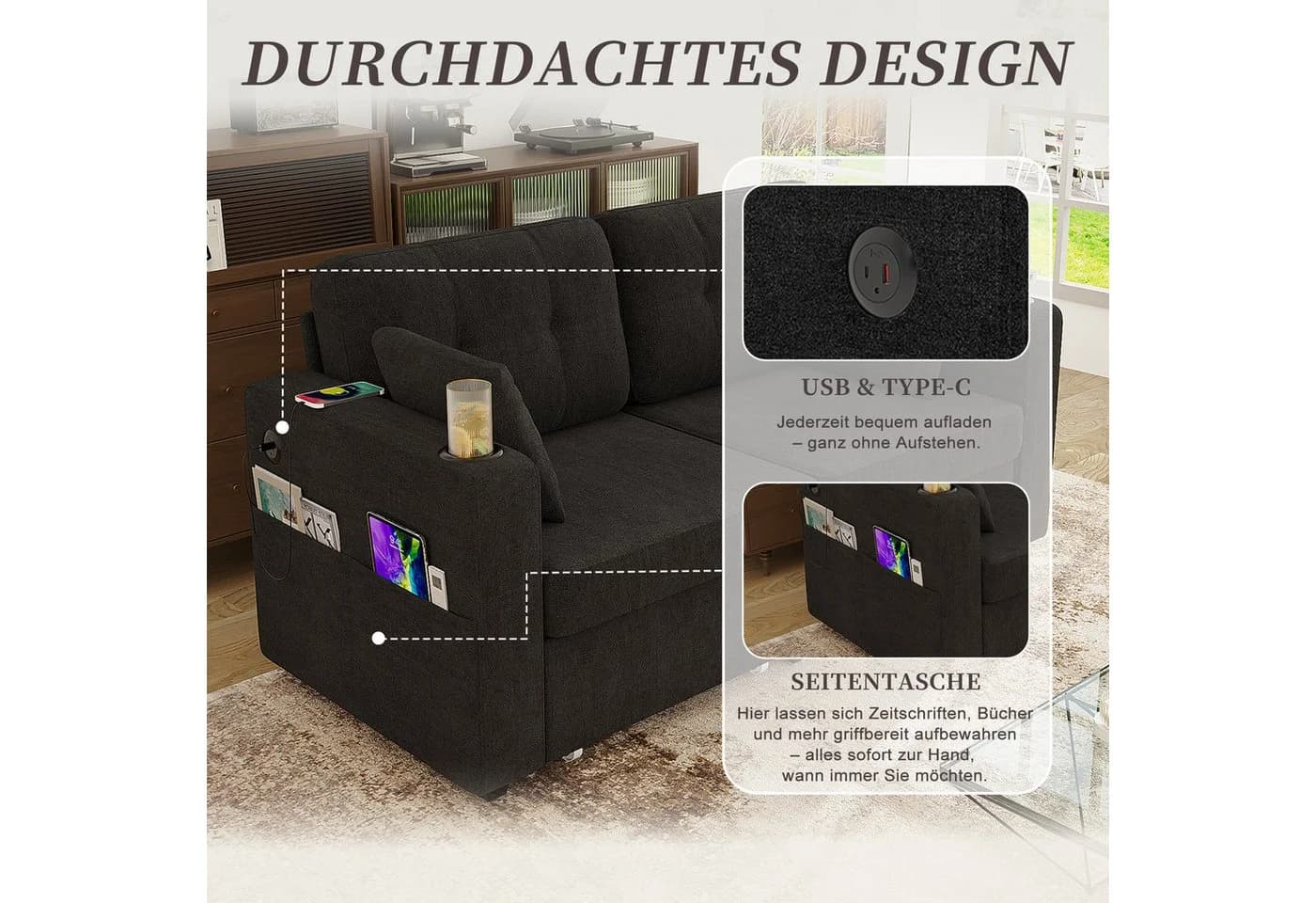 STILVORA Schlafsofa 2-Sitzer Schwarz mit USB-Anschlüssen & Stauraum - Bild 5