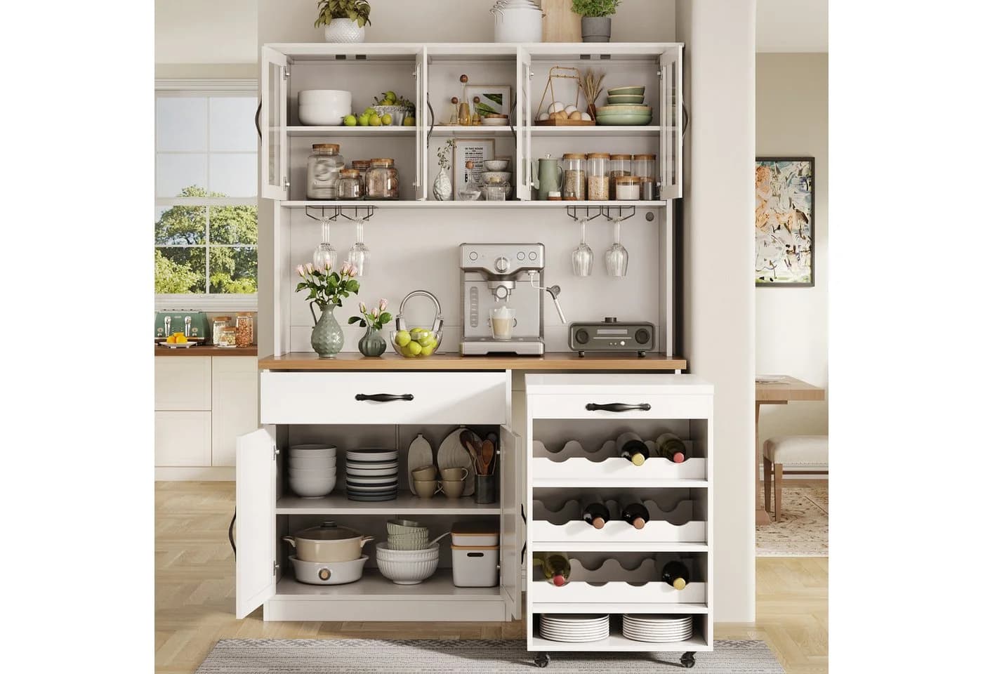 STILVORA Highboard 140cm Weiß mit LED, USB & Weinregal