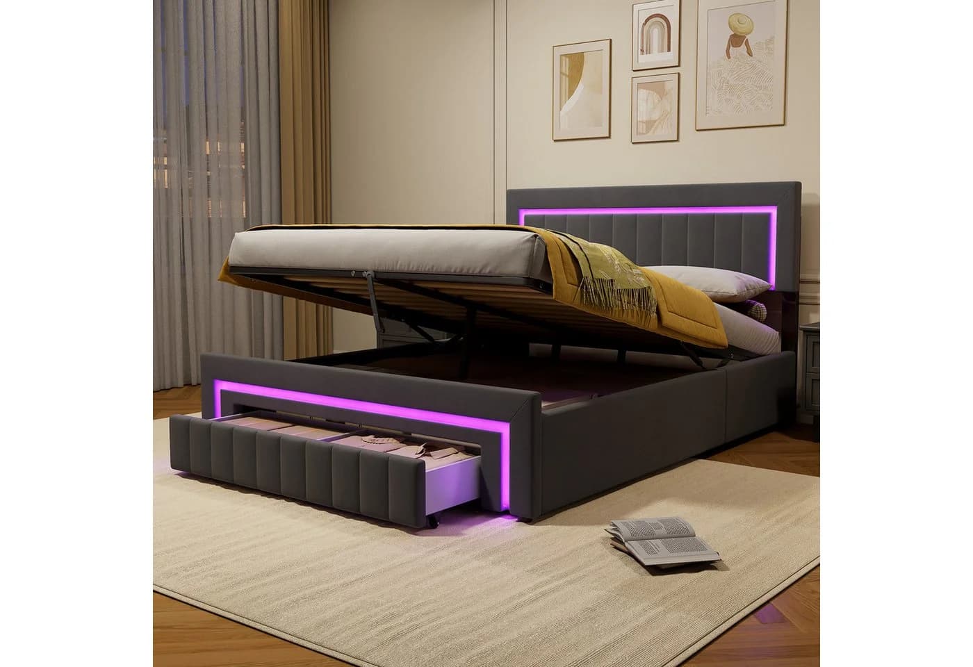 STILVORA Polsterbett 180x200 mit Bettkasten und LED Dunkelgrau - Bild 2