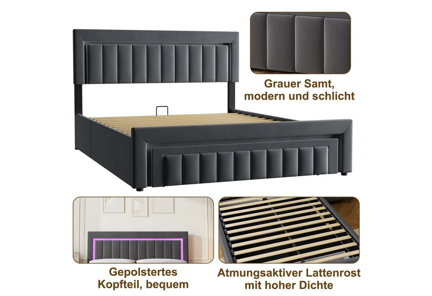 STILVORA Polsterbett 180x200 mit Bettkasten und LED Dunkelgrau - Bild 3