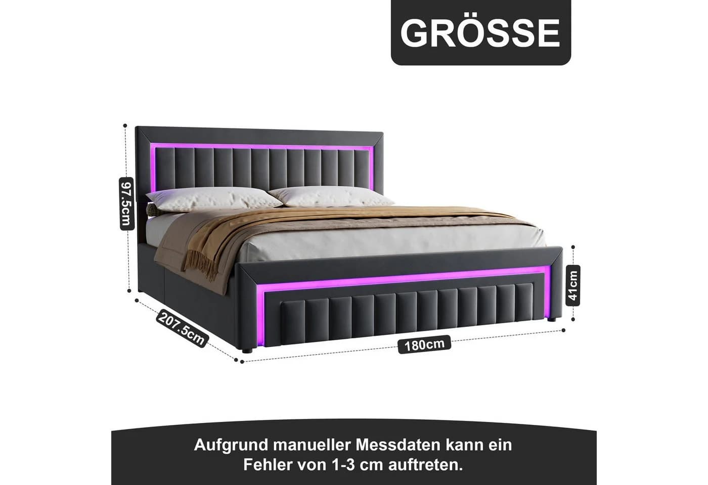 STILVORA Polsterbett 180x200 mit Bettkasten und LED Dunkelgrau - Bild 4