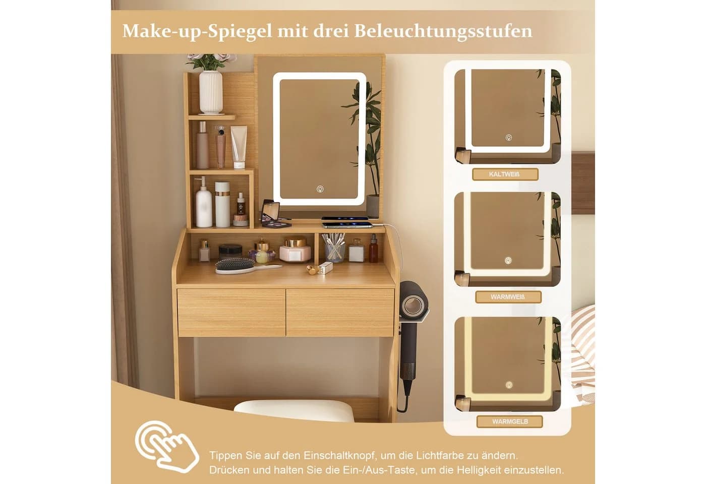 STILVORA Schminktisch mit LED-Spiegel, Hocker & Steckdose - Bild 4