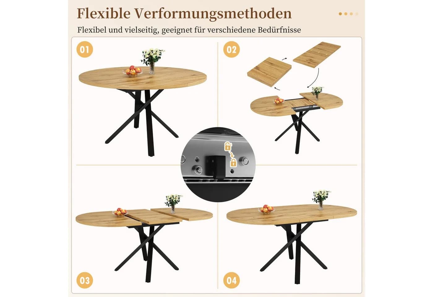 STILVORA Ausziehbarer Esstisch Rund-Oval Holzoptik Industriestil - Bild 5