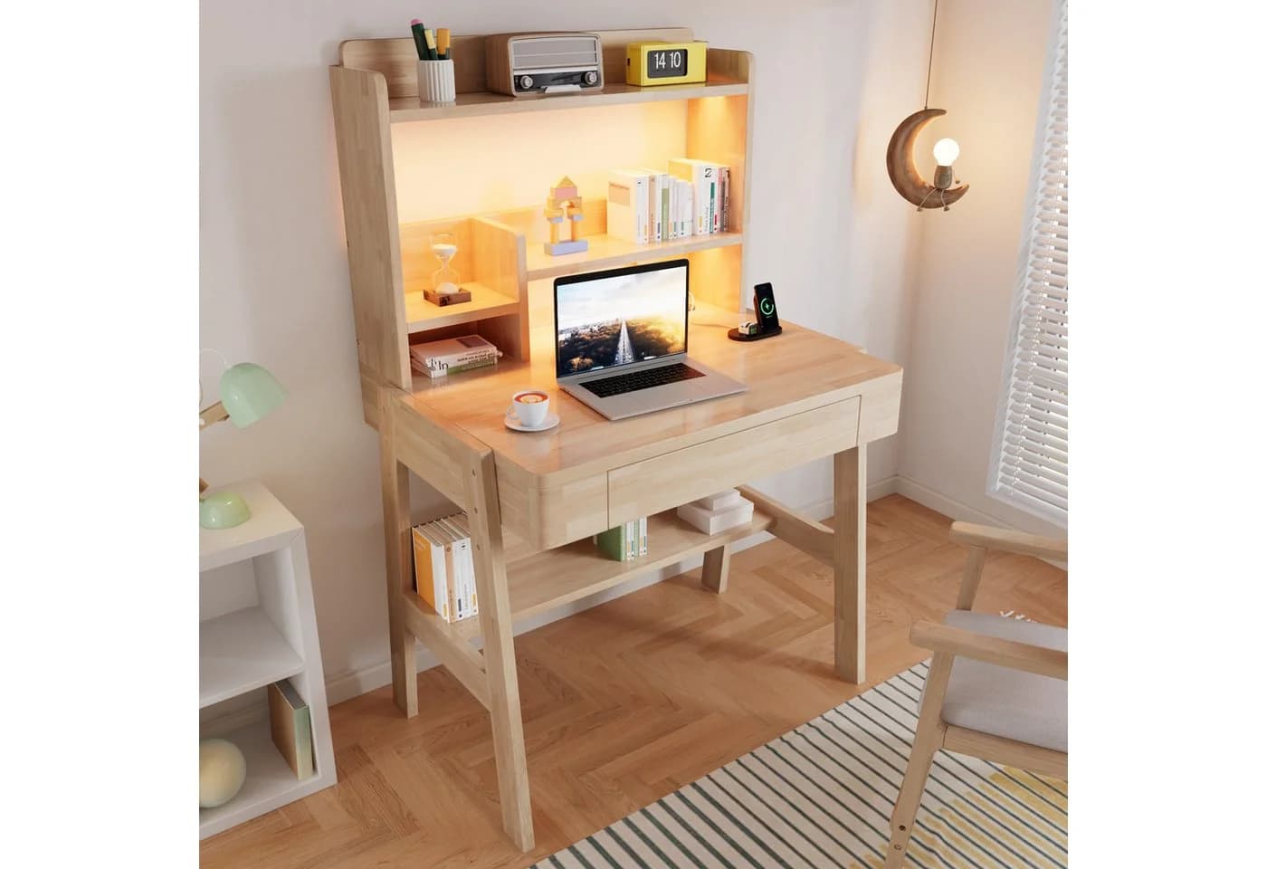 STILVORA Höhenverstellbarer Kinderschreibtisch Massivholz mit LED & USB - Bild 3