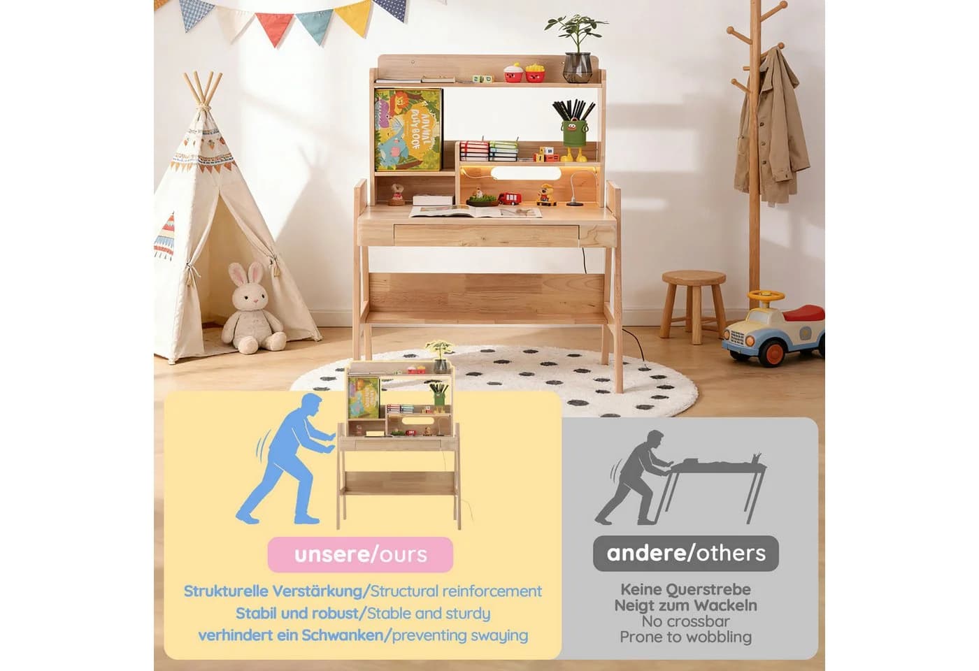 STILVORA Höhenverstellbarer Kinderschreibtisch Massivholz mit LED & USB - Bild 5