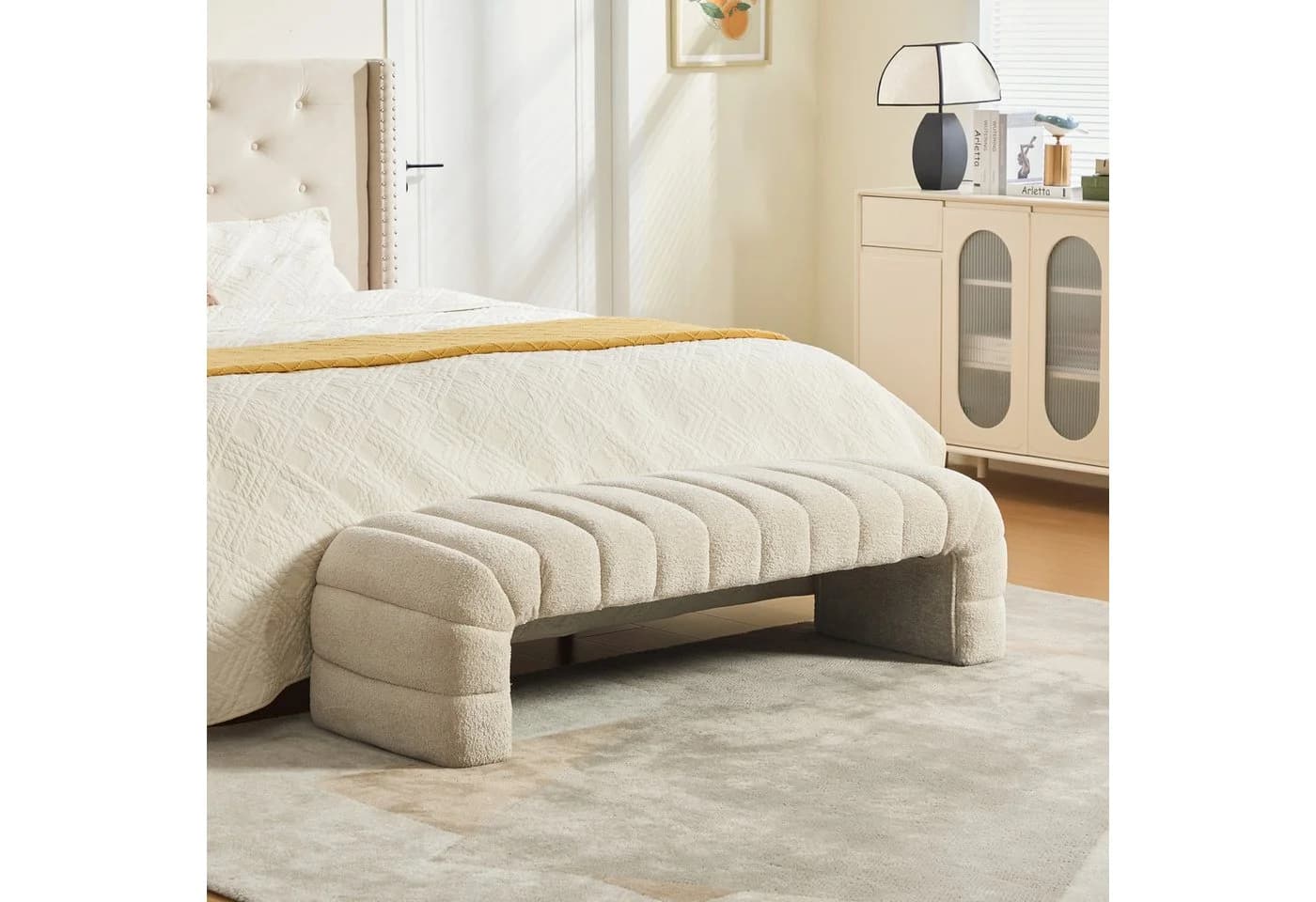 STILVORA Polsterbank Beige Chenille Rillenpolsterung Massivholz