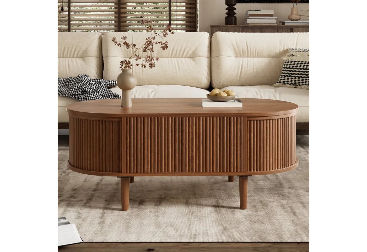 STILVORA Couchtisch höhenverstellbar Oval Nussbaum MDF Kiefer