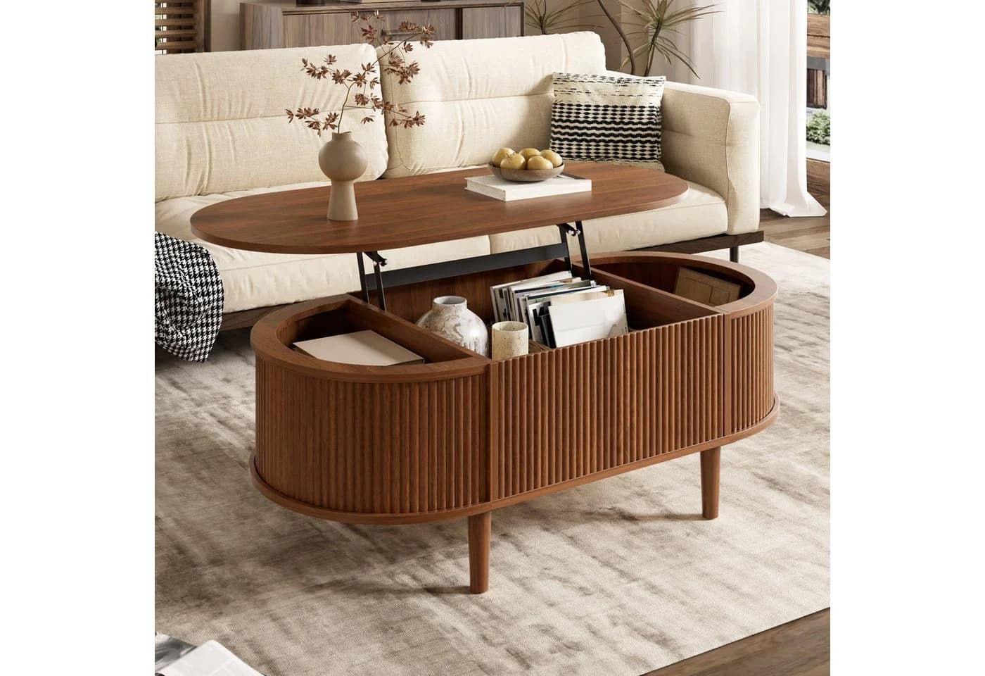STILVORA Couchtisch höhenverstellbar Oval Nussbaum MDF Kiefer - Bild 2