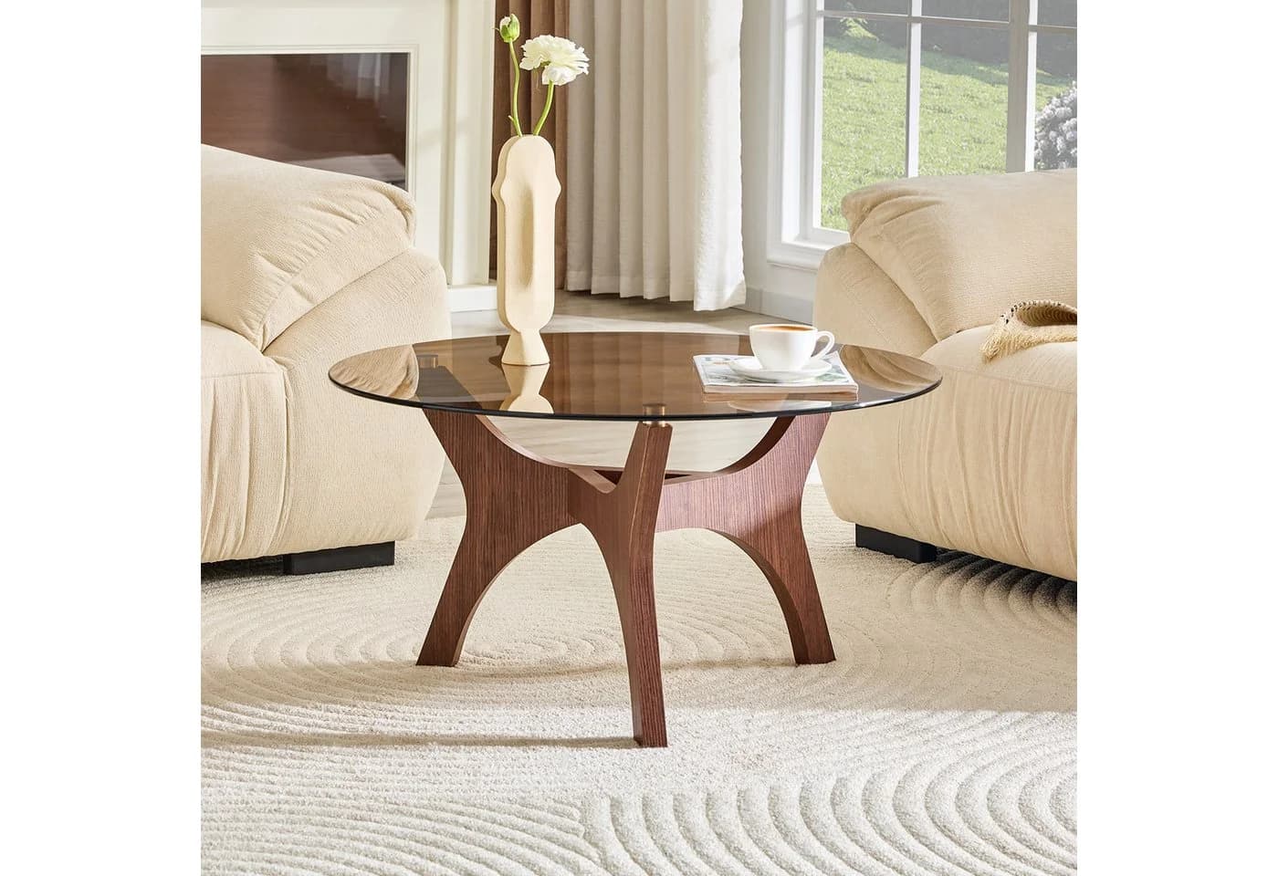 STILVORA Runder Couchtisch Glasplatte Braun Schwarz