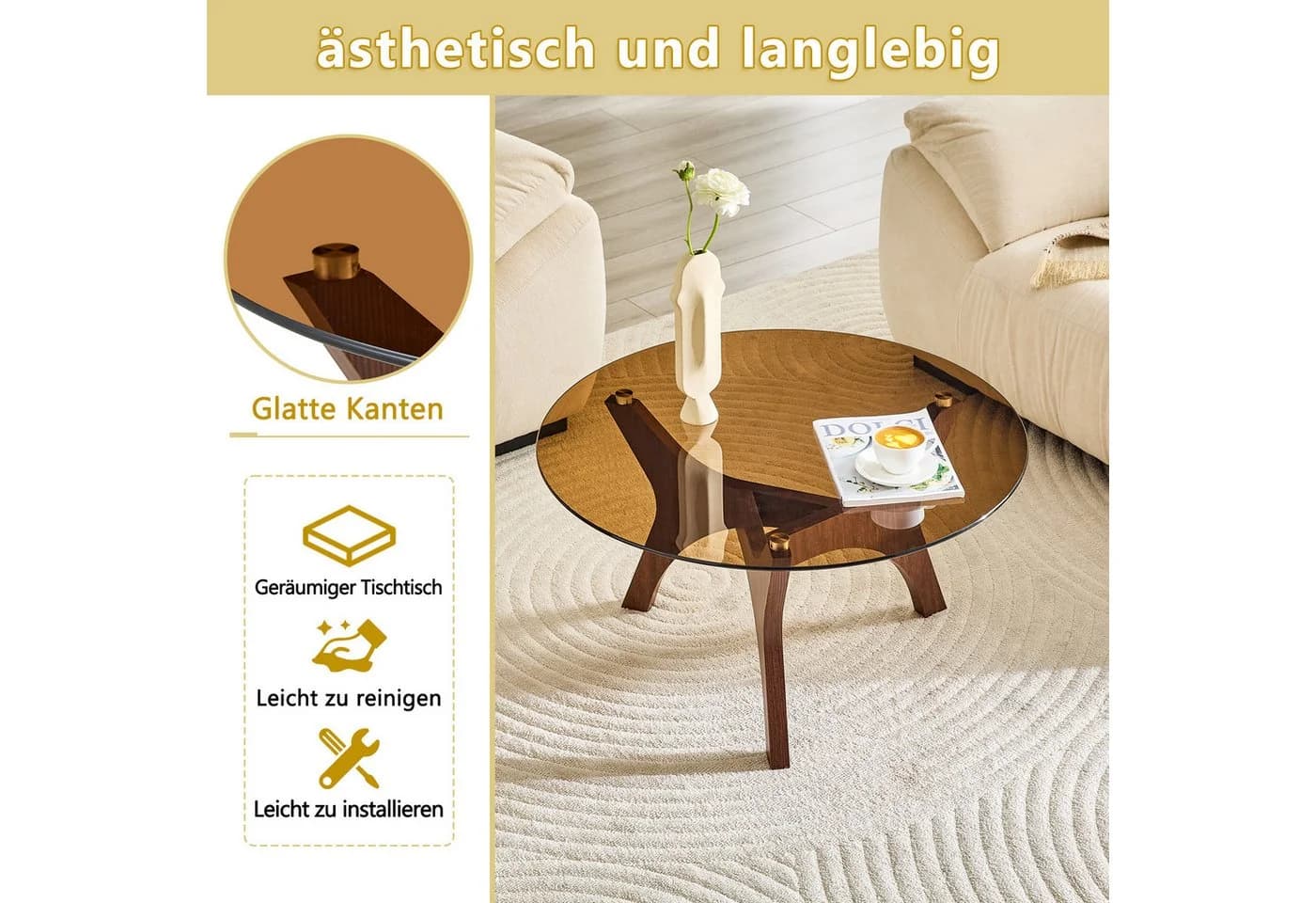 STILVORA Runder Couchtisch Glasplatte Braun Schwarz - Bild 4