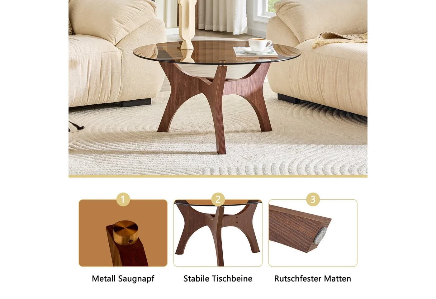 STILVORA Runder Couchtisch Glasplatte Braun Schwarz - Bild 5