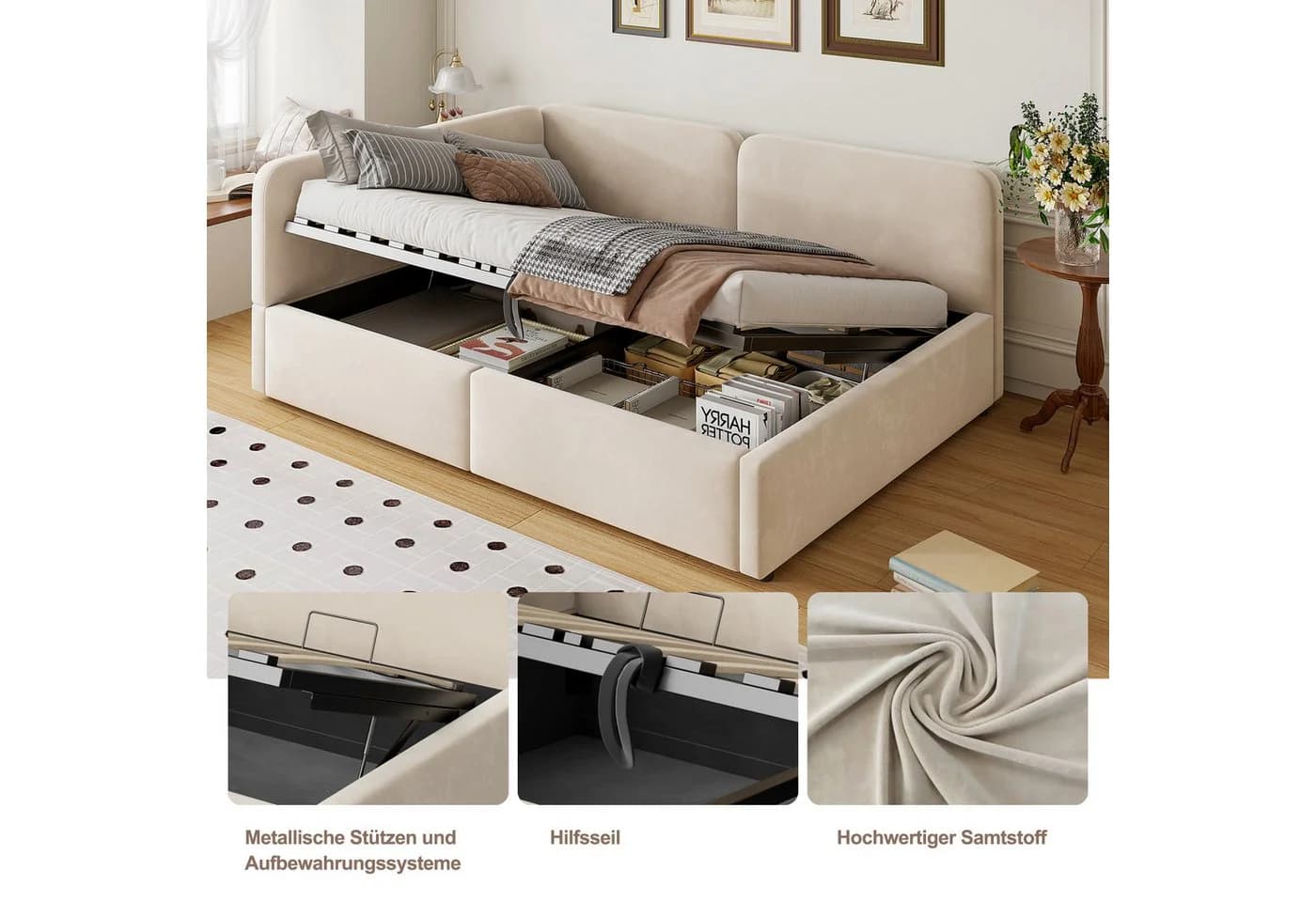 STILVORA Polsterbett 140x200 mit Stauraum und Samtbezug Beige - Bild 5