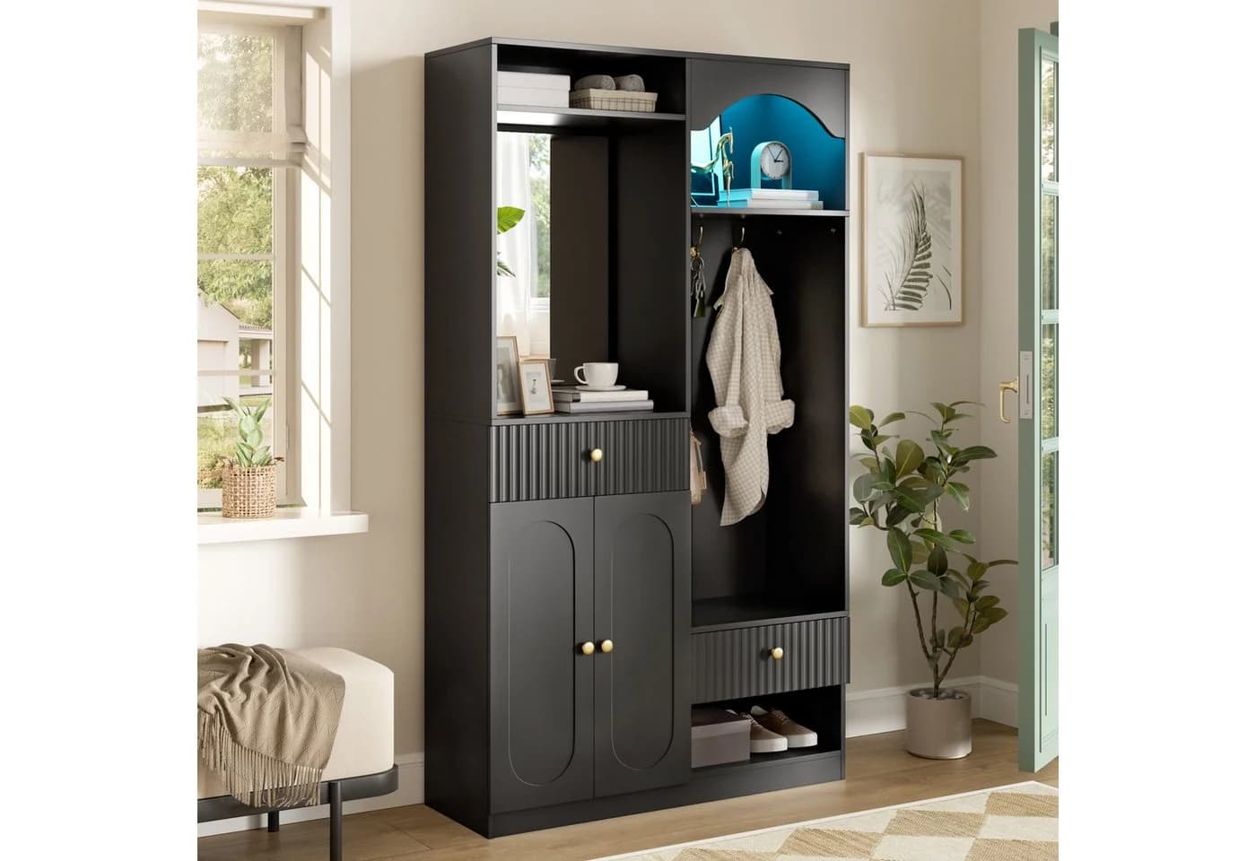 STILVORA Garderoben-Set mit Spiegel und Sitzbank Schwarz - Bild 3