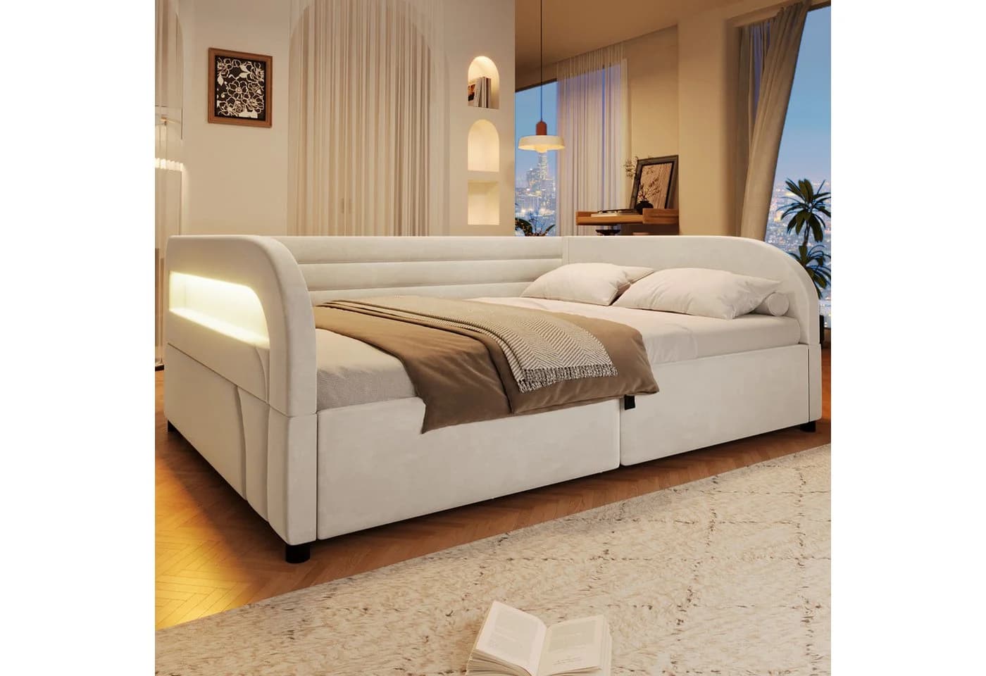 STILVORA Polsterbett 140x200 Weiß mit Bettkasten und LED