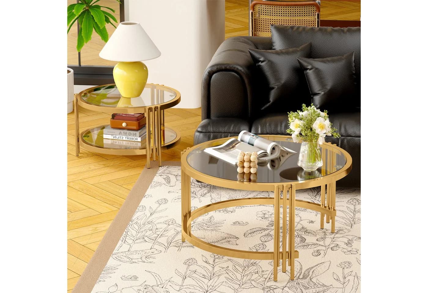 STILVORA Couchtisch-Set Glas Metall Gold Rund