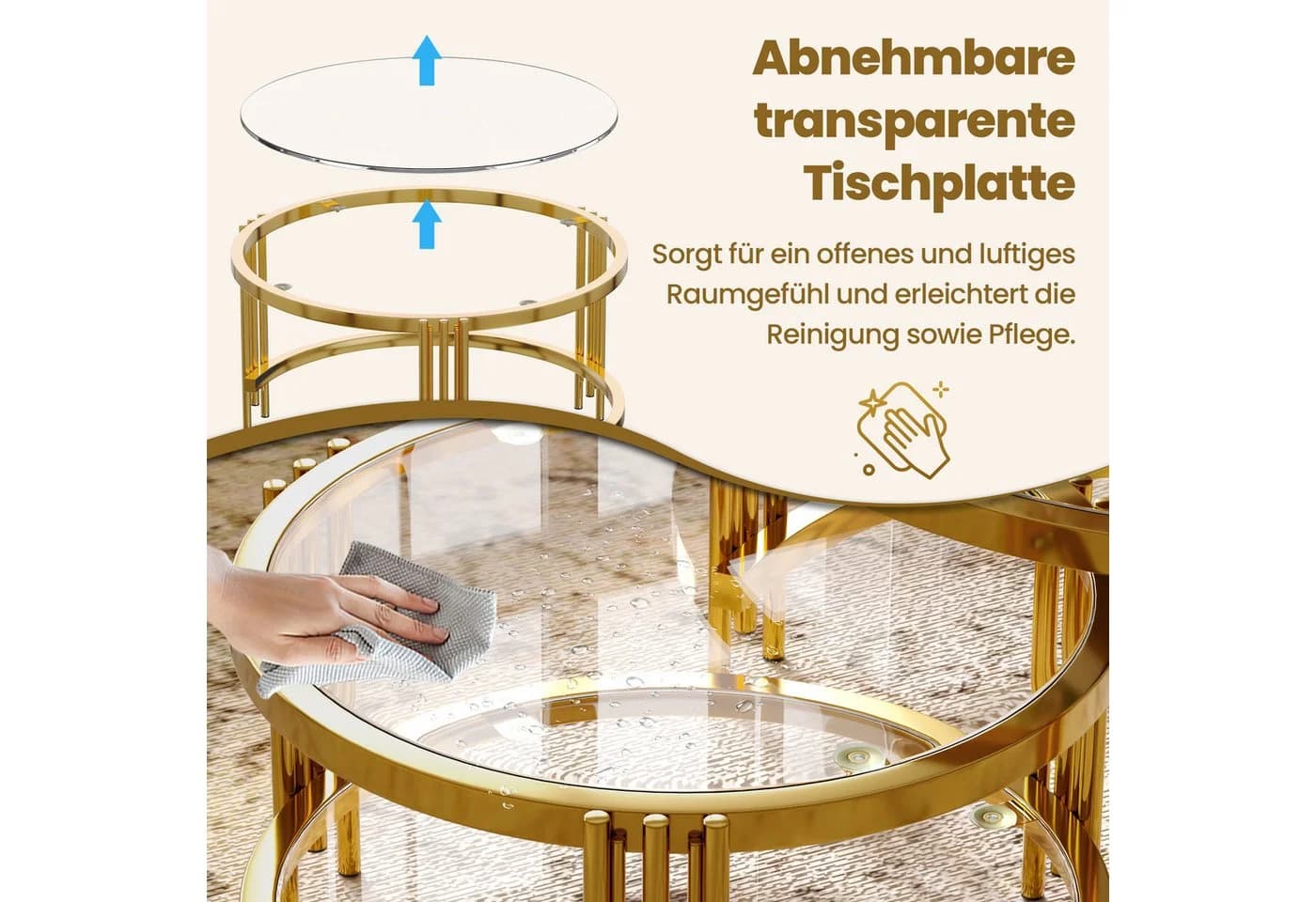 STILVORA Couchtisch-Set Glas Metall Gold Rund - Bild 4